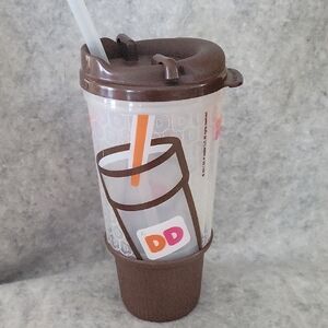 Dunkin Donuts Insulated Plastic 24 Oz. Tumbler with Brown Lid And Straw EUC